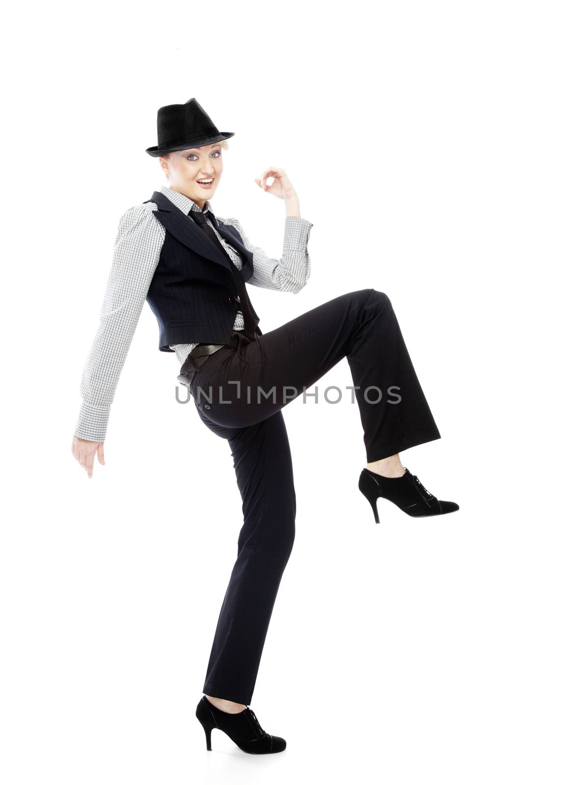 Active lady in stylish business clothes on a white background