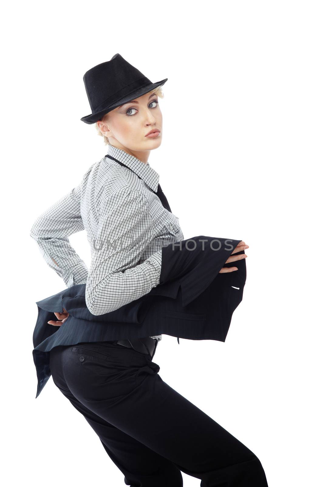 Sexy lady in stylish business clothes on a white background