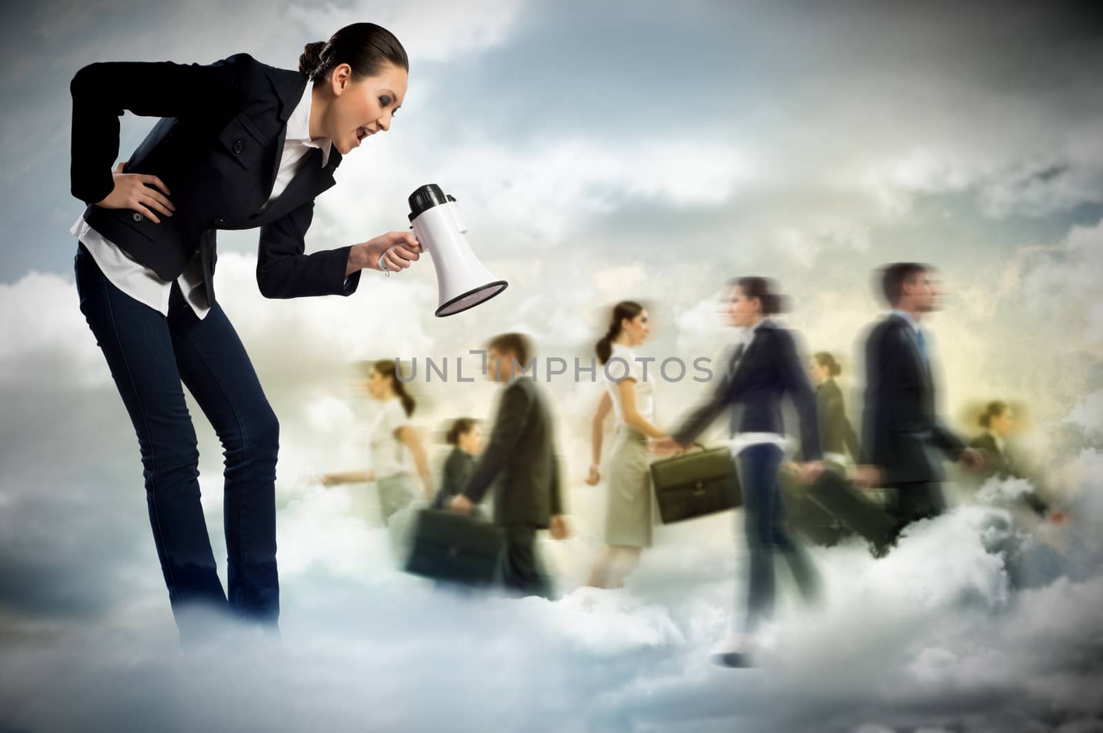 woman shouting into a megaphone at the crowd of business people, the concept of aggression