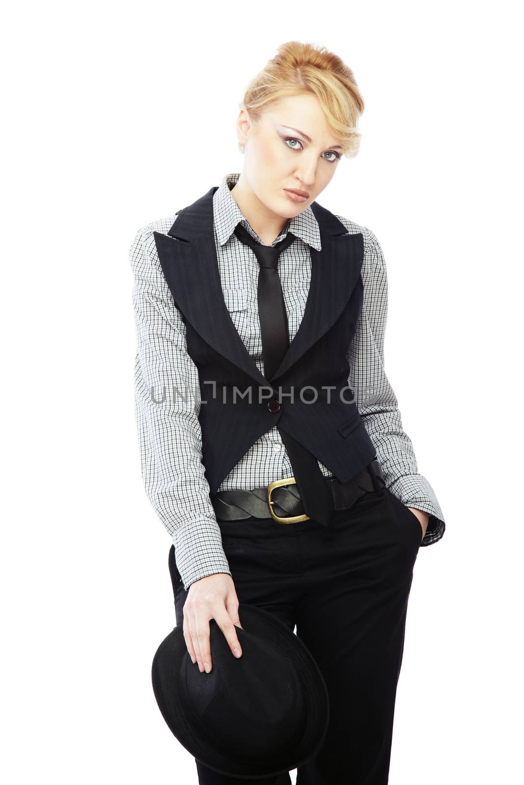 Pretty blond in stylish business clothes holding black hat