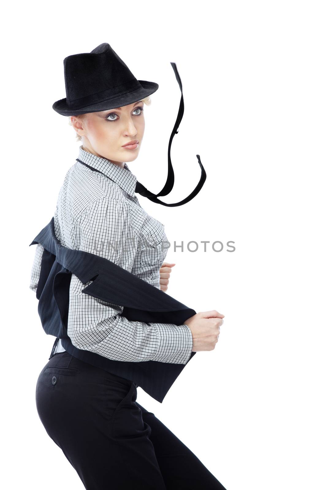 Active lady in stylish business clothes and moving necktie