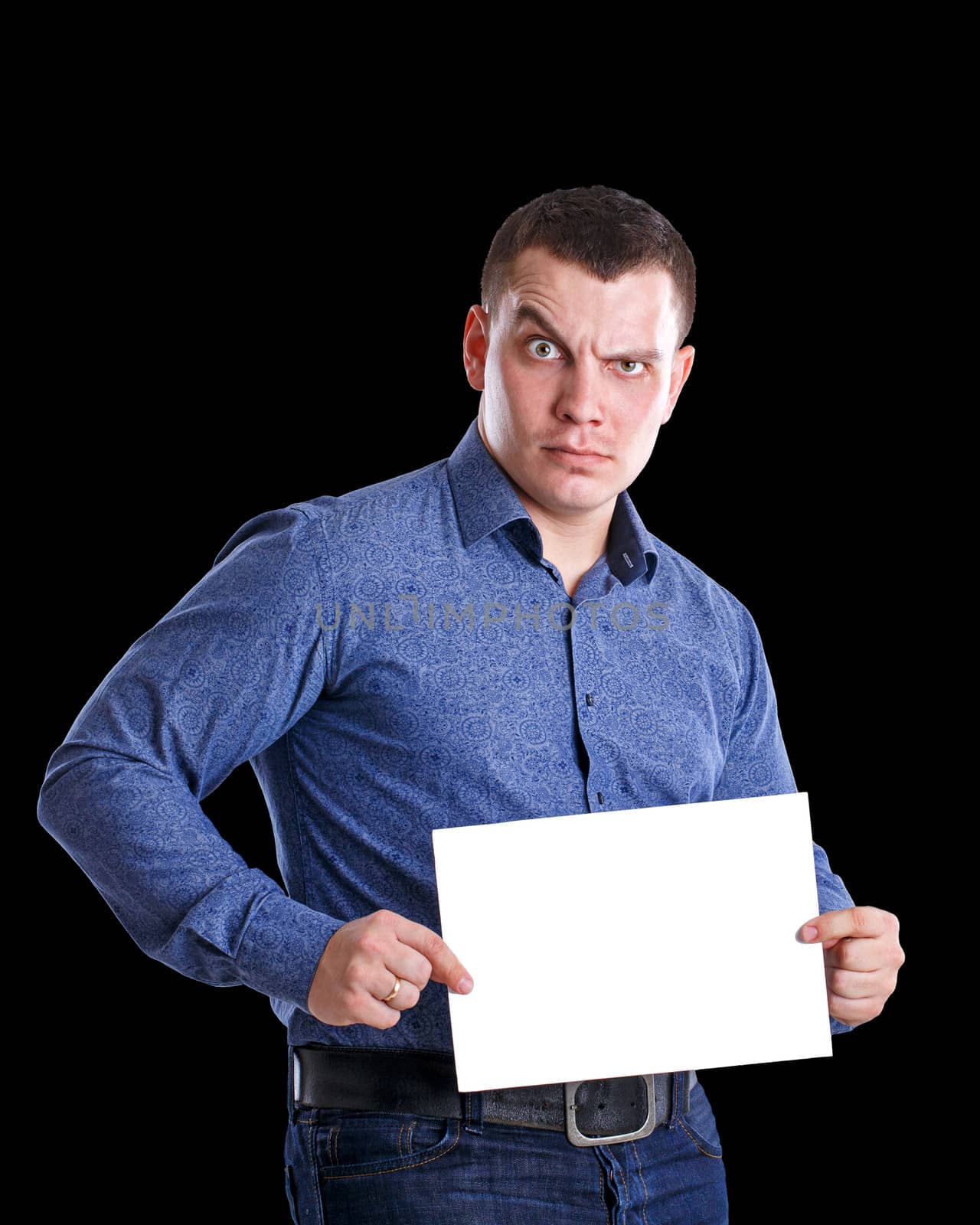 Man holding an empty table, isolated on background