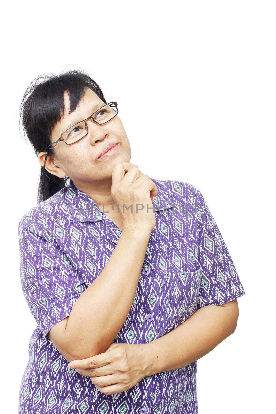 Asian senior woman thinking and holding her chin