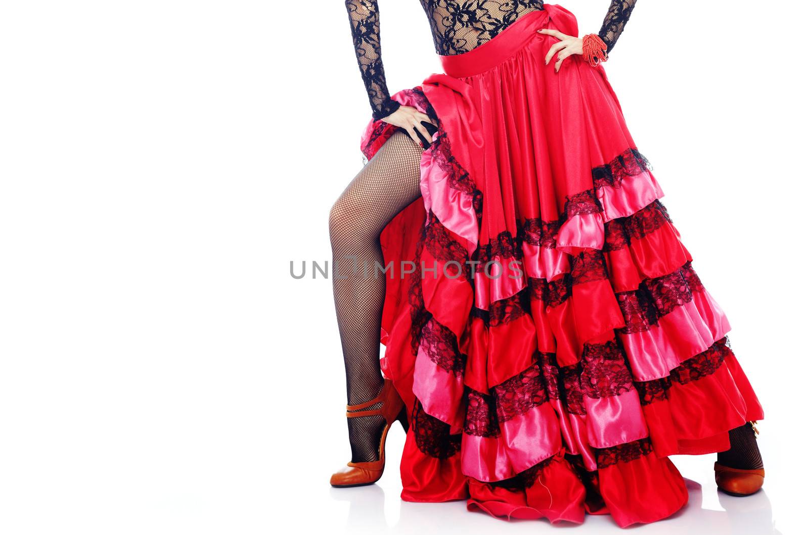 Woman body in Spanish costume standing in Flamenco dance pose