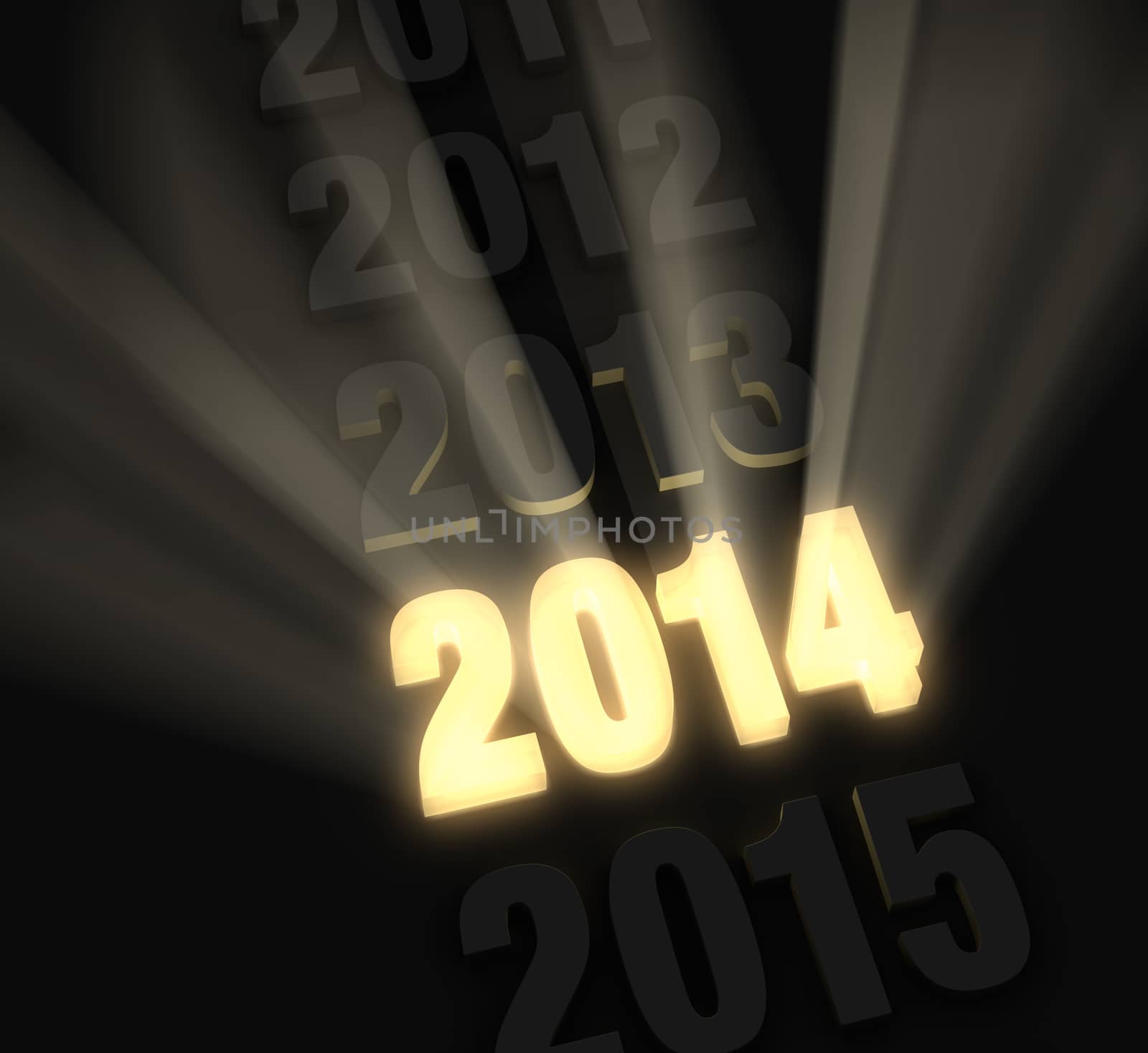 Light rays burst from glowing, gold "2014" standing out from a row of other years on a dark background