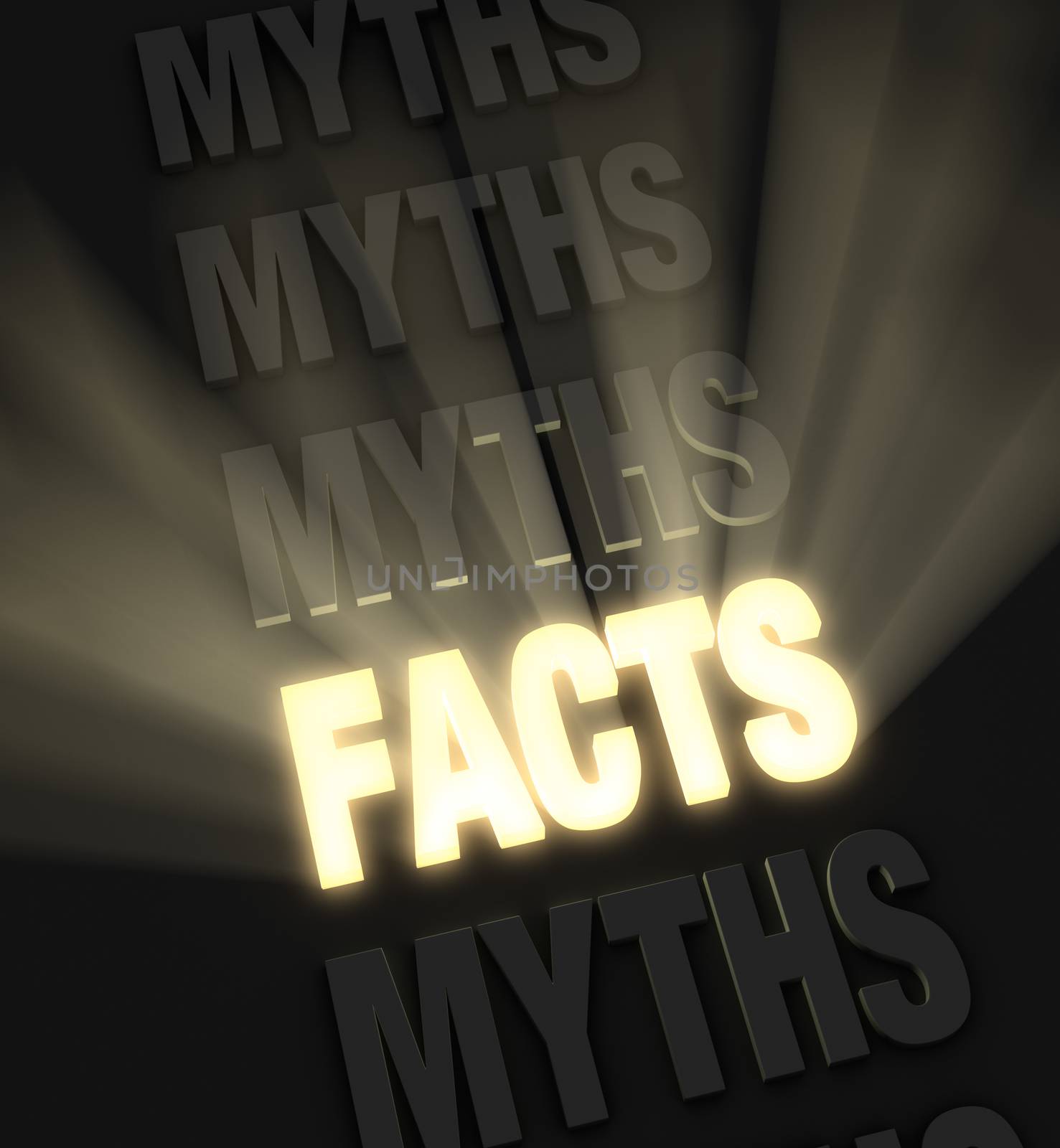 Brilliant light rays burst from a glowing, gold "FACTS" in a row of "MYTHS" on a dark background 