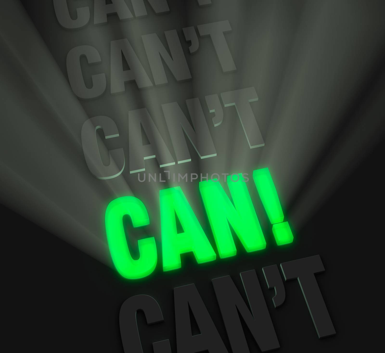 Light rays burst from a bright, green "CAN!" in a row of "CAN'T"s on a dark background.
