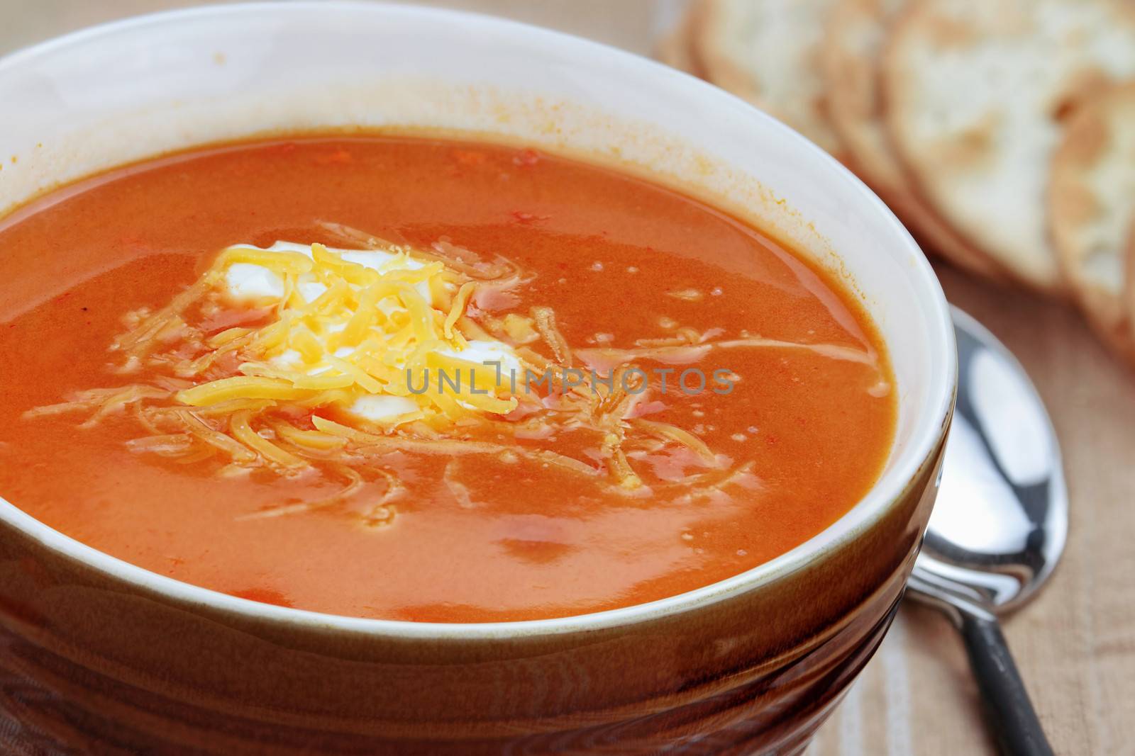 Tomato Bisque with sour cream and cheddar cheese. 