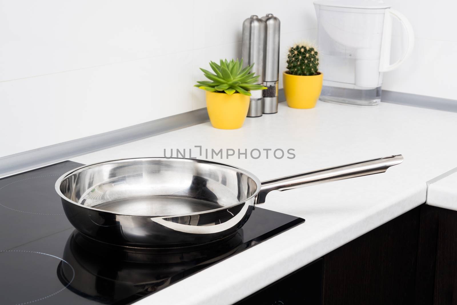 Frying pan in modern kitchen with induction stove by simpson33