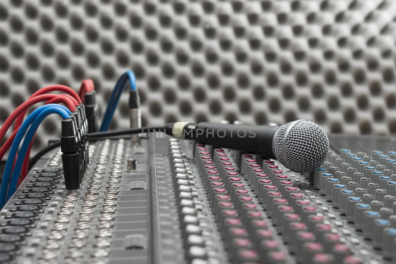 Microphone close-up on the studio mixer