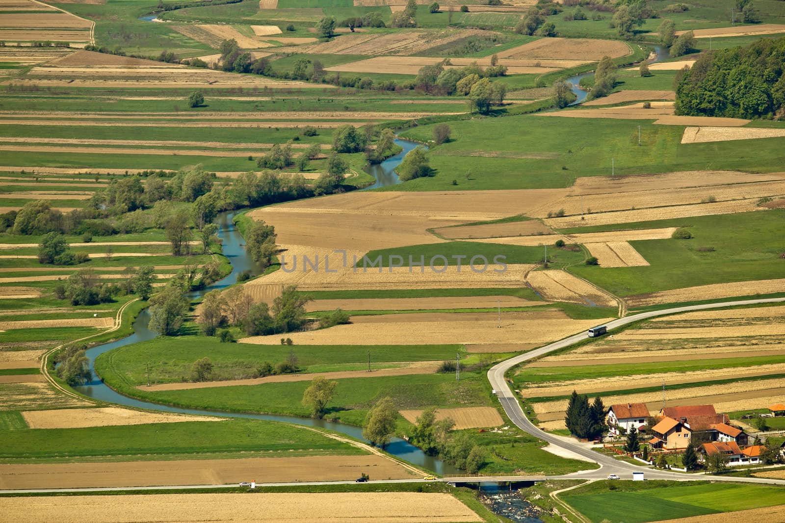 River of Bednja valley aerial view, Zagorje, Croatia