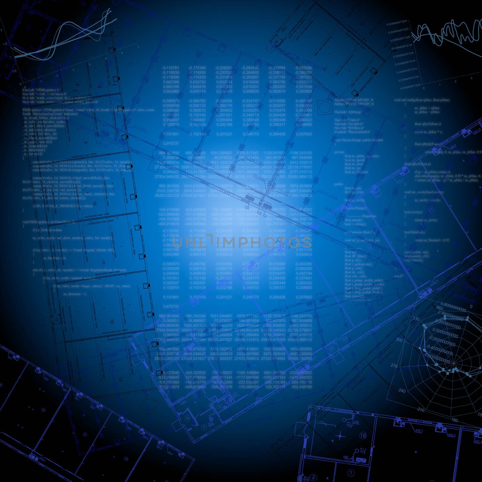 High-tech drawings and graphics on a blue background. The concept of technology and business