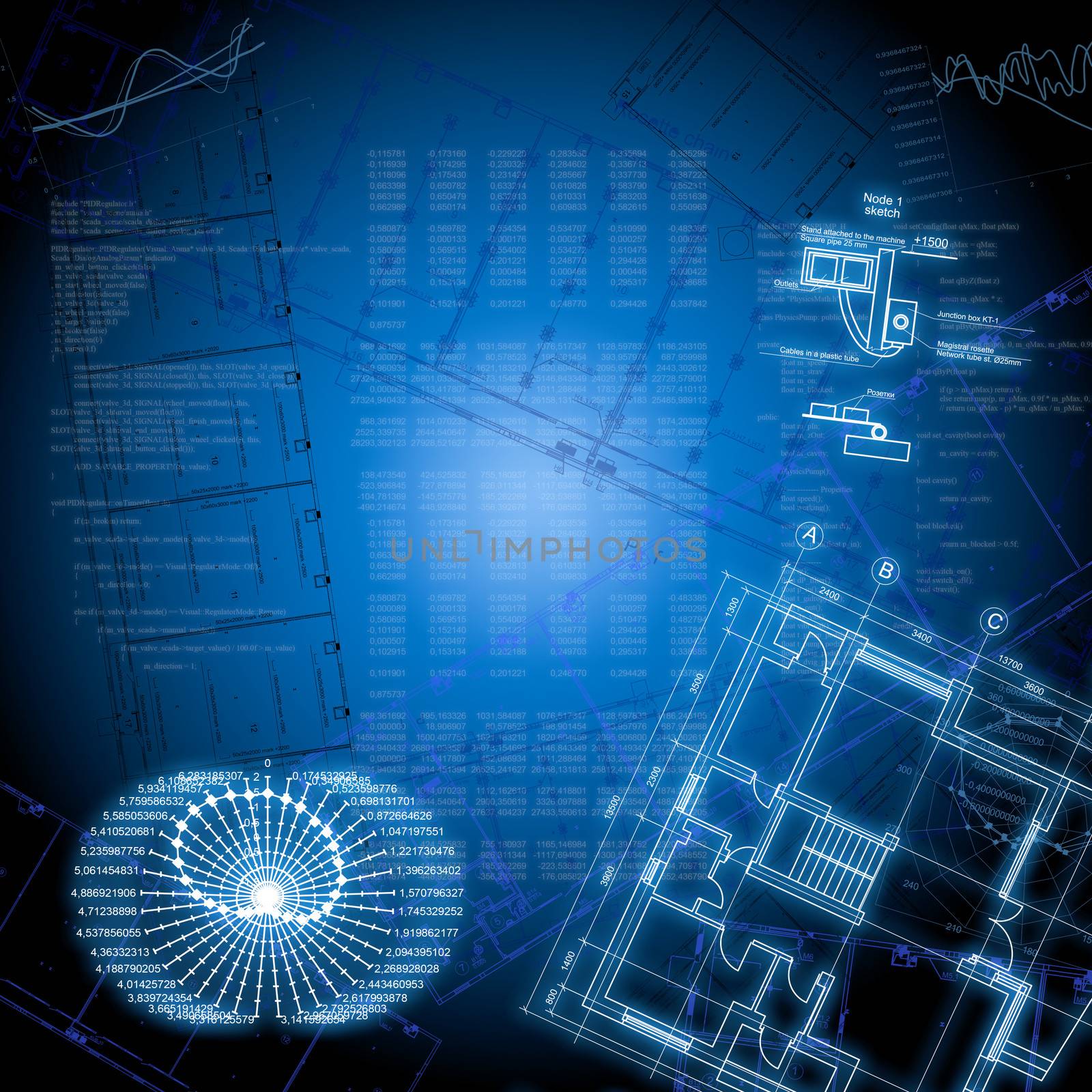 High-tech drawings and graphics on a blue background. The concept of technology and business