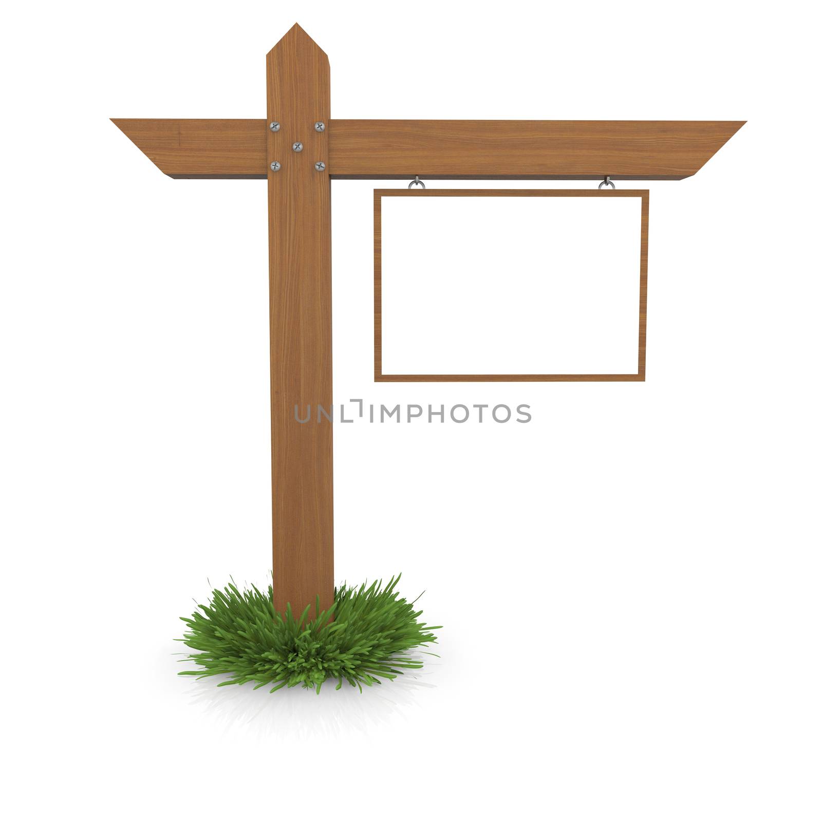 Wooden signboard in the grass. Isolated render on a white background
