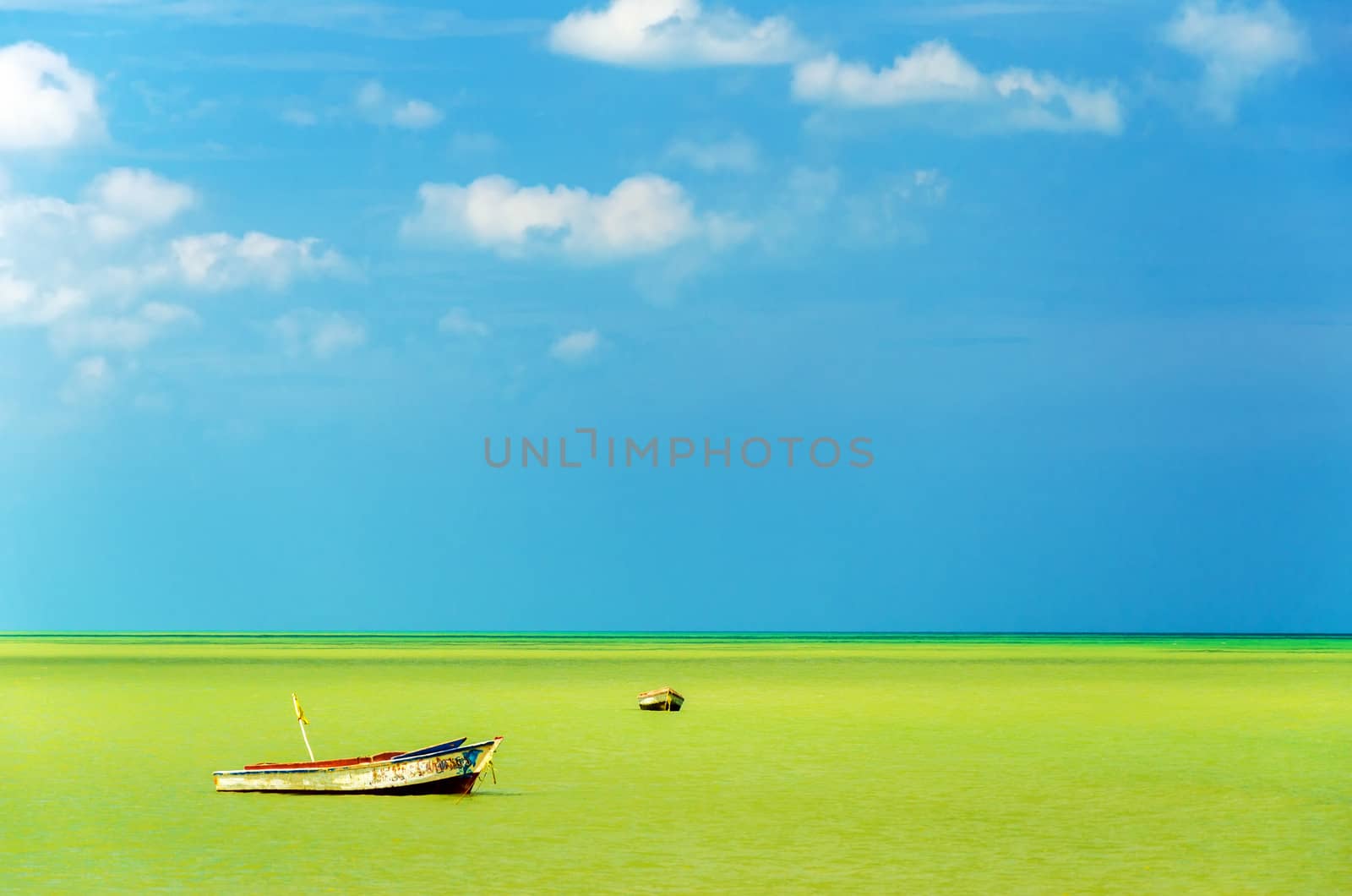 Two boats off the coast in a green sea with a beautiful blue sky