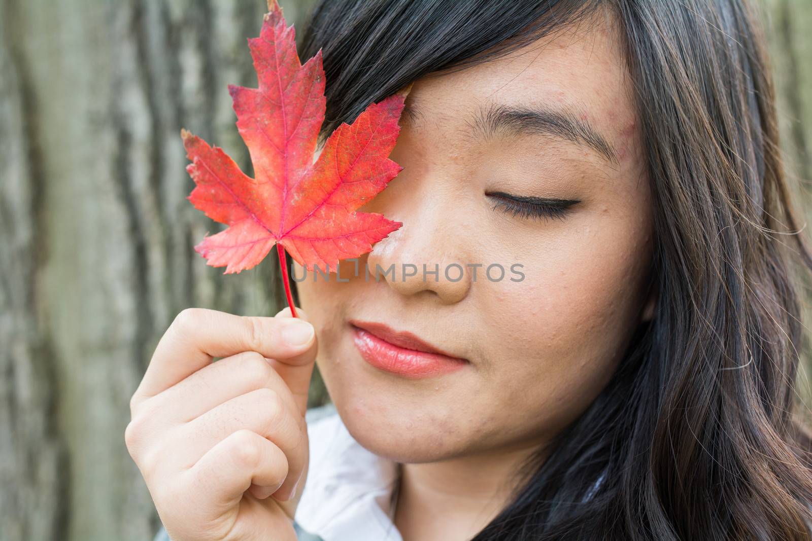 Autumn portrait of cute young woman in front of a maple tree holding a maple leaf and covering her eye