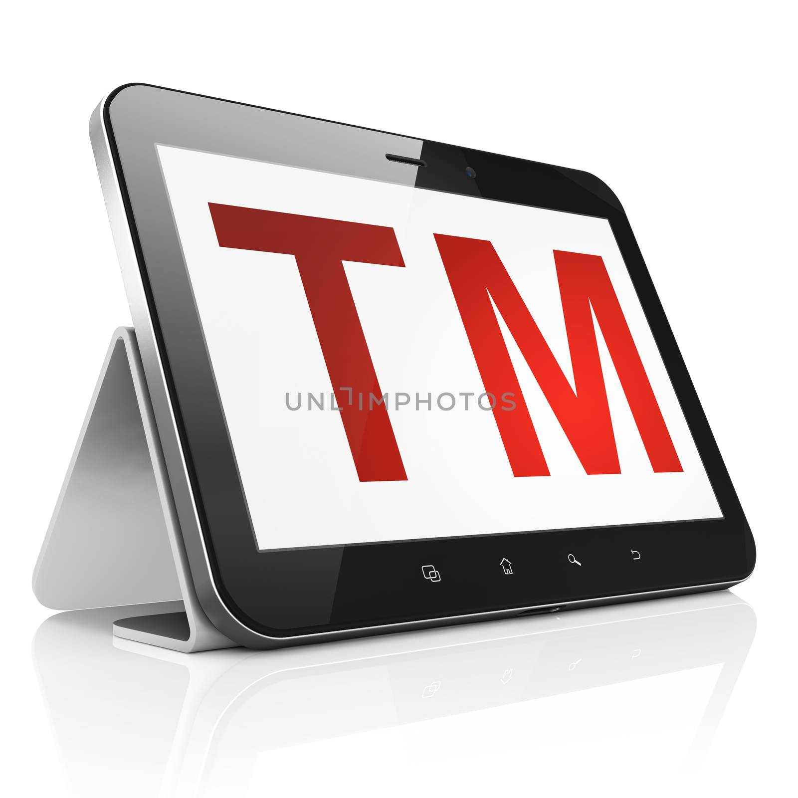 Law concept: black tablet pc computer with Trademark icon on display. Modern portable touch pad on White background, 3d render