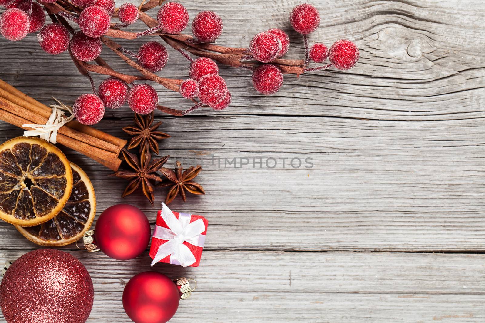 Christmas decoration on wood background, with free space for your text