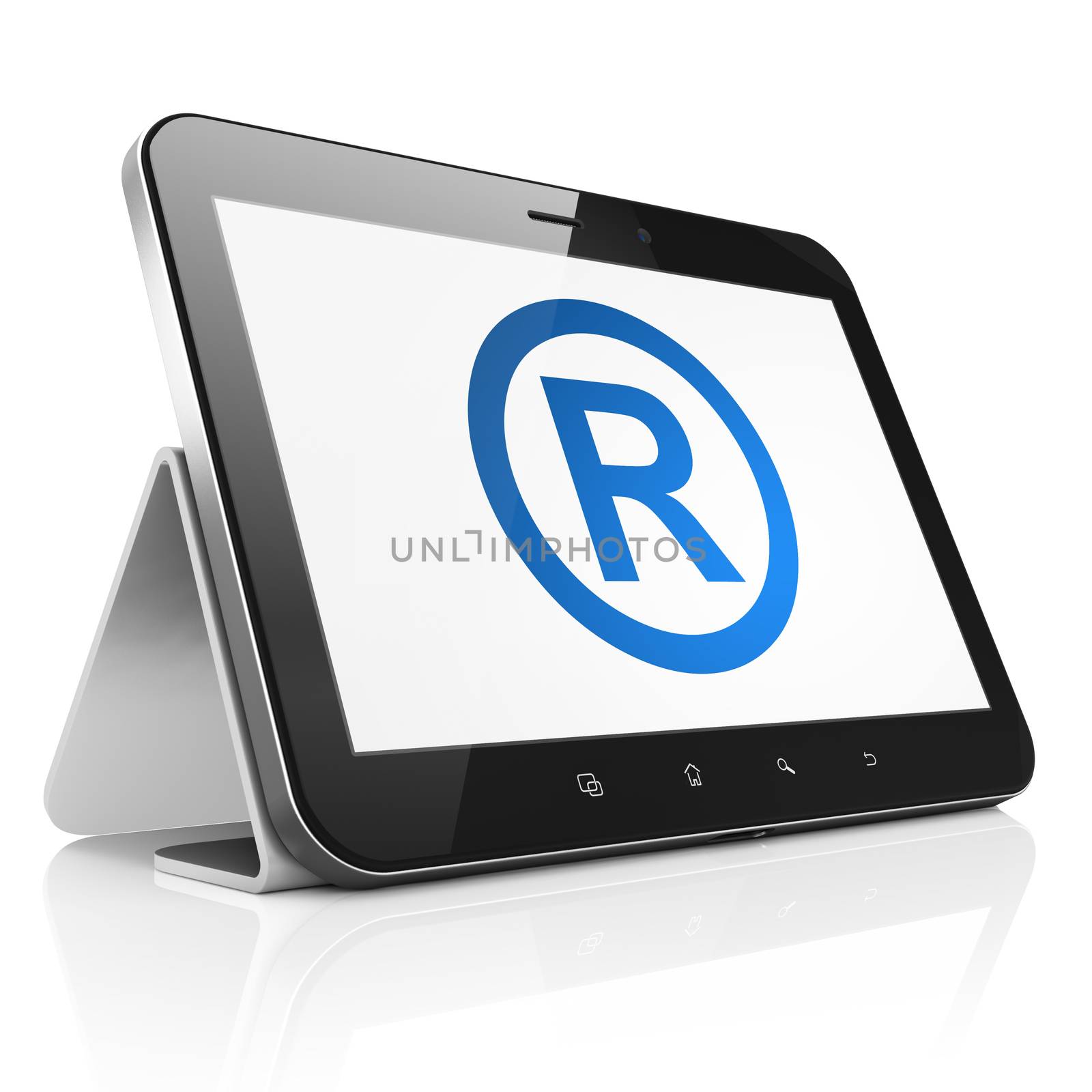 Law concept: black tablet pc computer with Registered icon on display. Modern portable touch pad on White background, 3d render