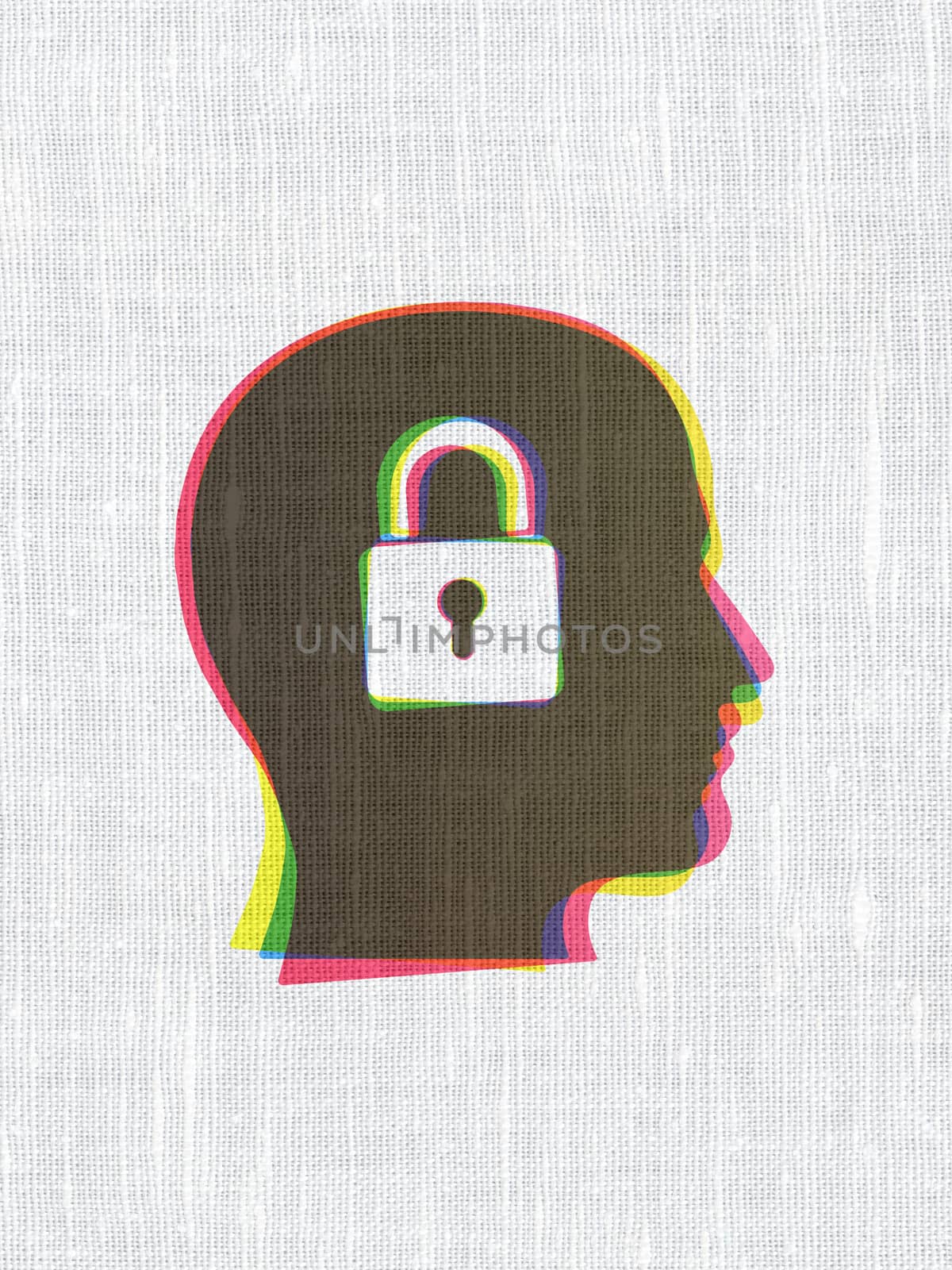 Business concept: CMYK Head With Padlock on linen fabric texture background, 3d render