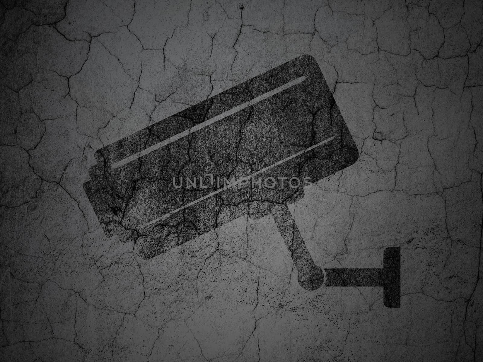 Security concept: Black Cctv Camera on grunge textured concrete wall background, 3d render