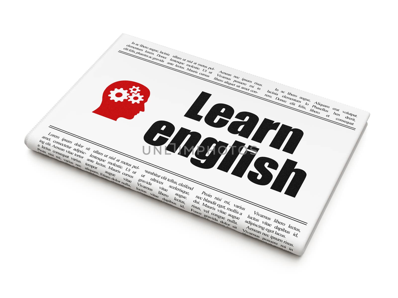 Education news concept: newspaper headline Learn English and Head With Gears icon on White background, 3d render