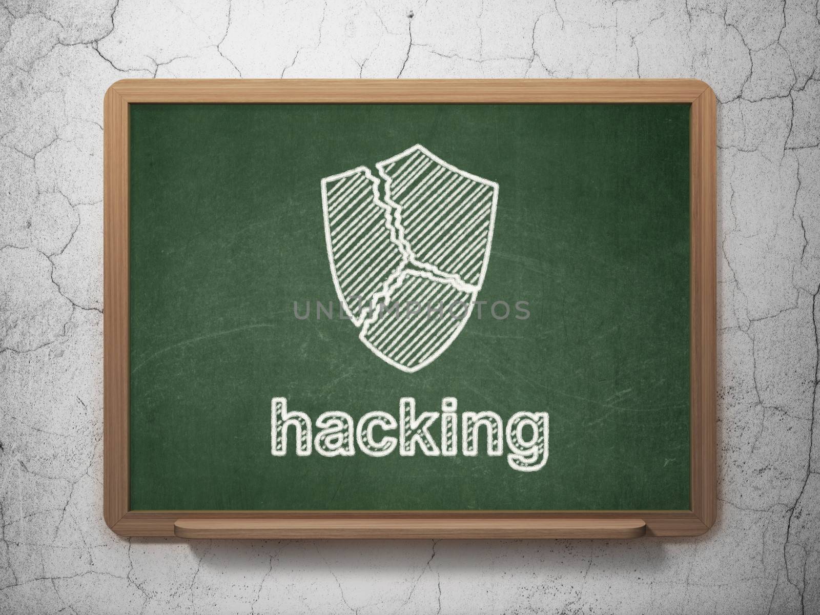 Security concept: Broken Shield icon and text Hacking on Green chalkboard on grunge wall background, 3d render