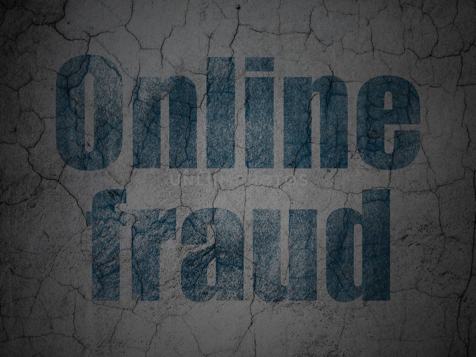 Protection concept: Blue Online Fraud on grunge textured concrete wall background, 3d render
