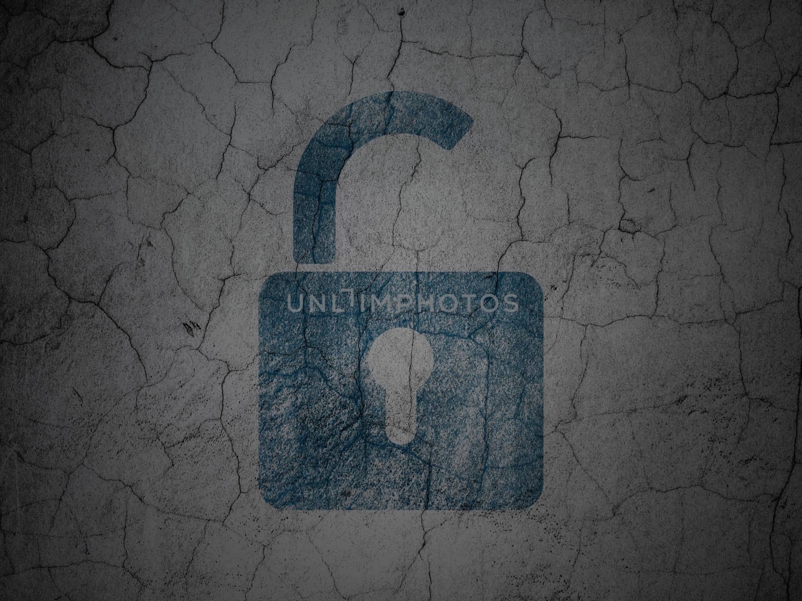 Security concept: Blue Opened Padlock on grunge textured concrete wall background, 3d render