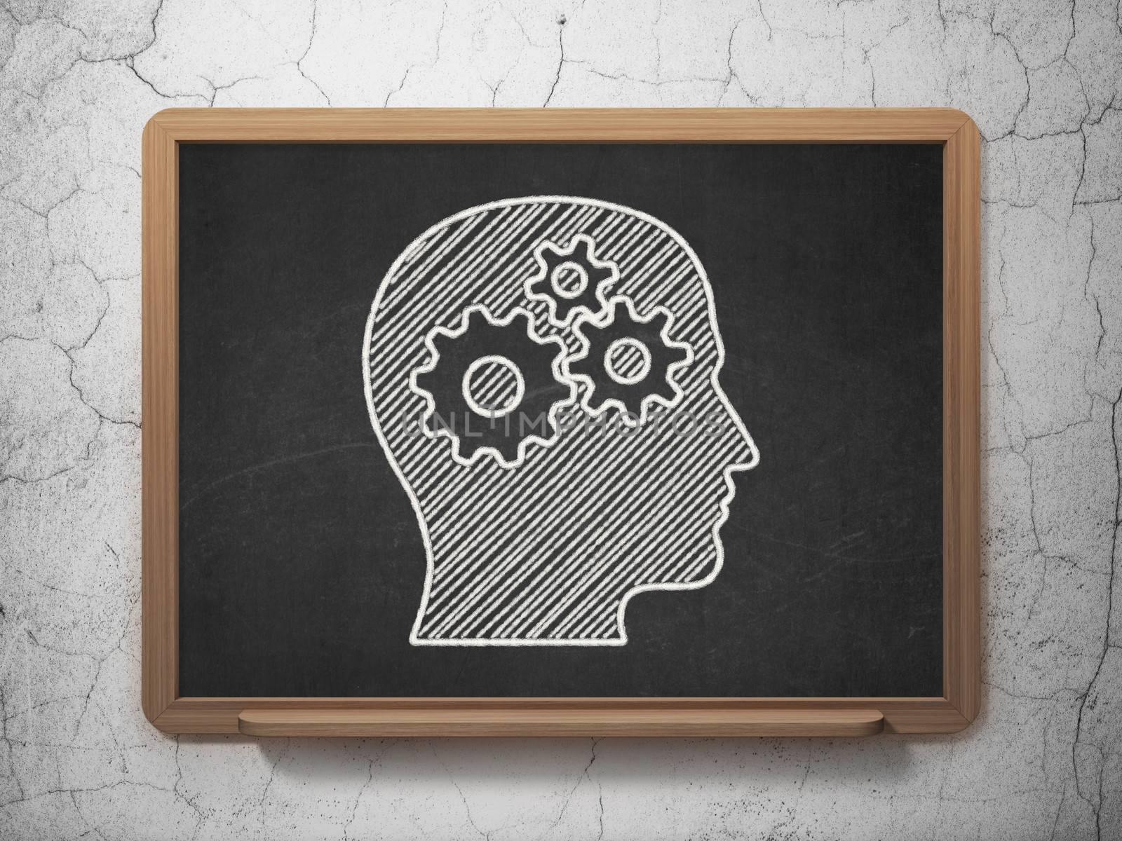 Marketing concept: Head With Gears icon on Black chalkboard on grunge wall background, 3d render