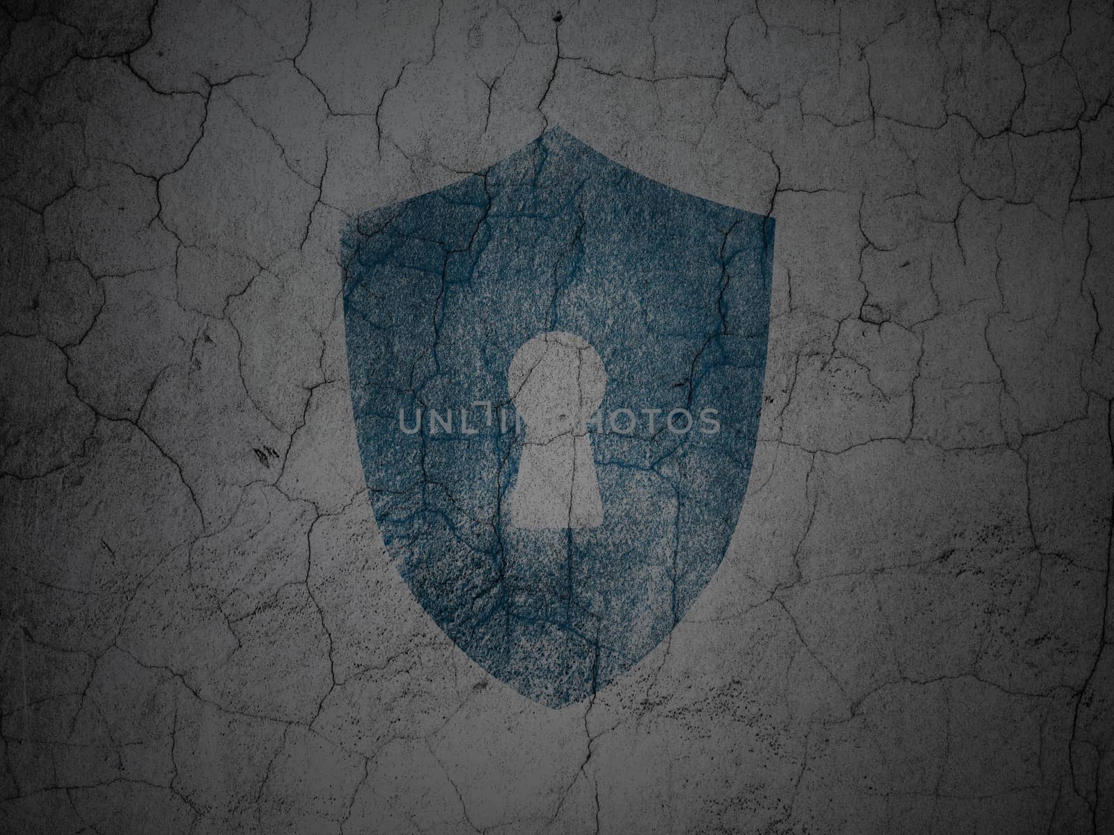 Privacy concept: Blue Shield With Keyhole on grunge textured concrete wall background, 3d render