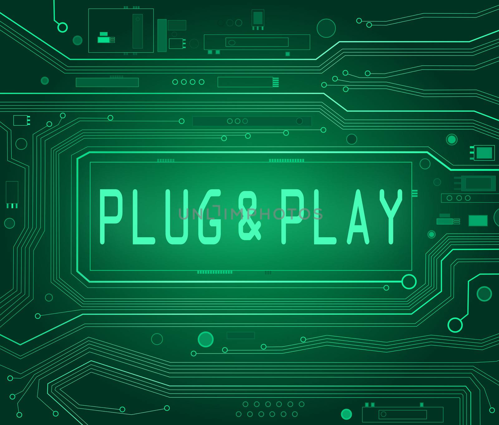 Abstract style illustration depicting printed circuit board components with a Plug and Play concept.