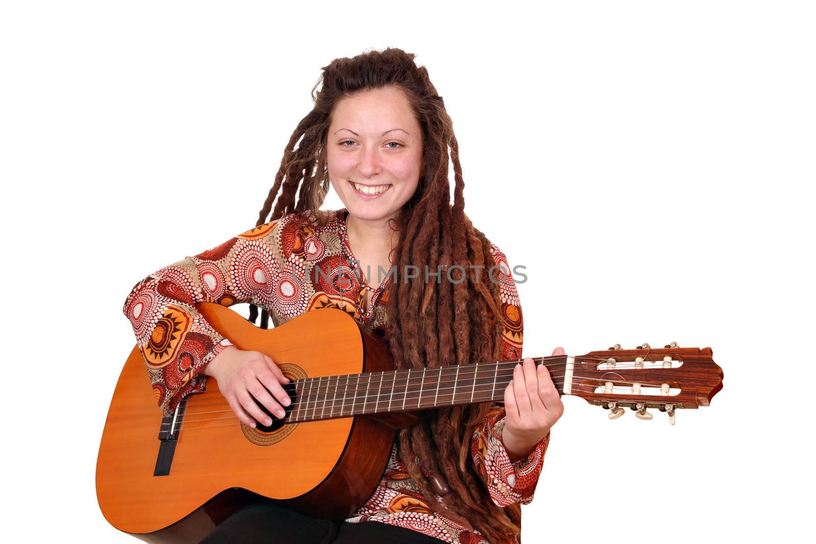 happy girl play acoustic guitar by goce