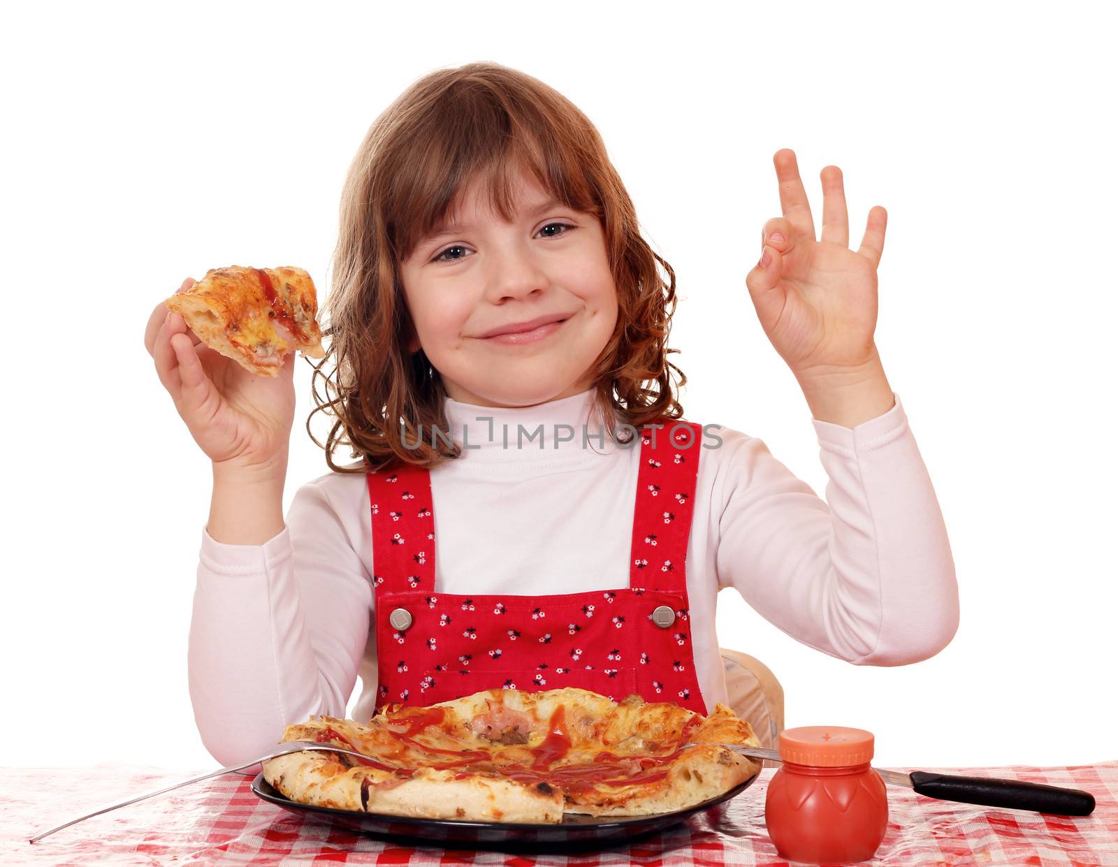 hungry little girl with pizza and ok hand sign by goce