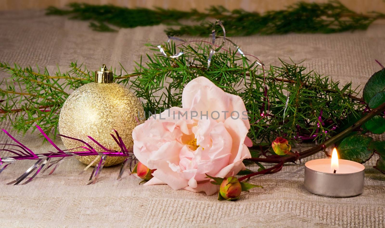 Beautiful shiny white ball , a candle, a rose, and the branches of a Christmas tree ornament.