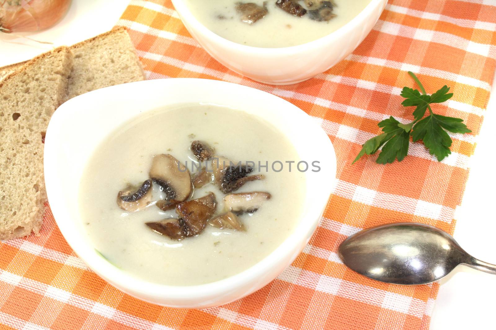 Veal soup with mushrooms on a light background