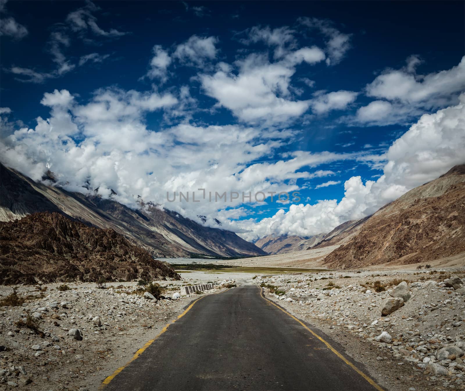 Road in Himalayan landscape in Nubra valley in Himalayas by dimol