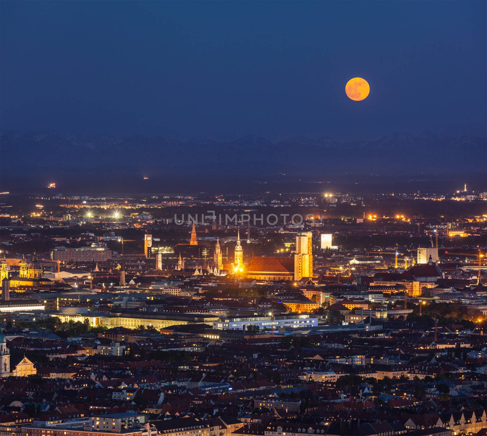 Night aerial view of Munich from Olympiaturm (Olympic Tower). Munich, Bavaria, Germany