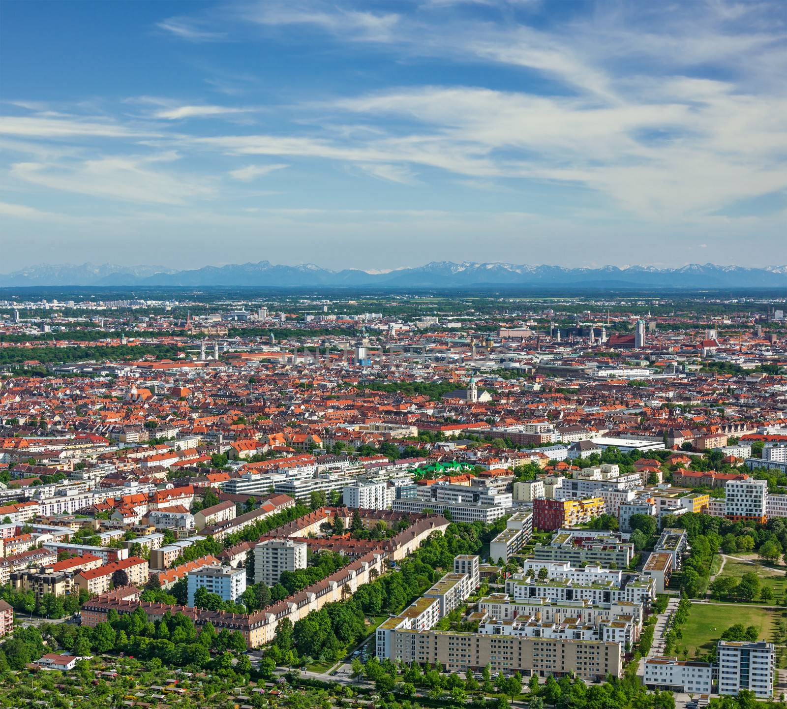 Aerial view of Munich from Olympiaturm (Olympic Tower). Munich, Bavaria, Germany