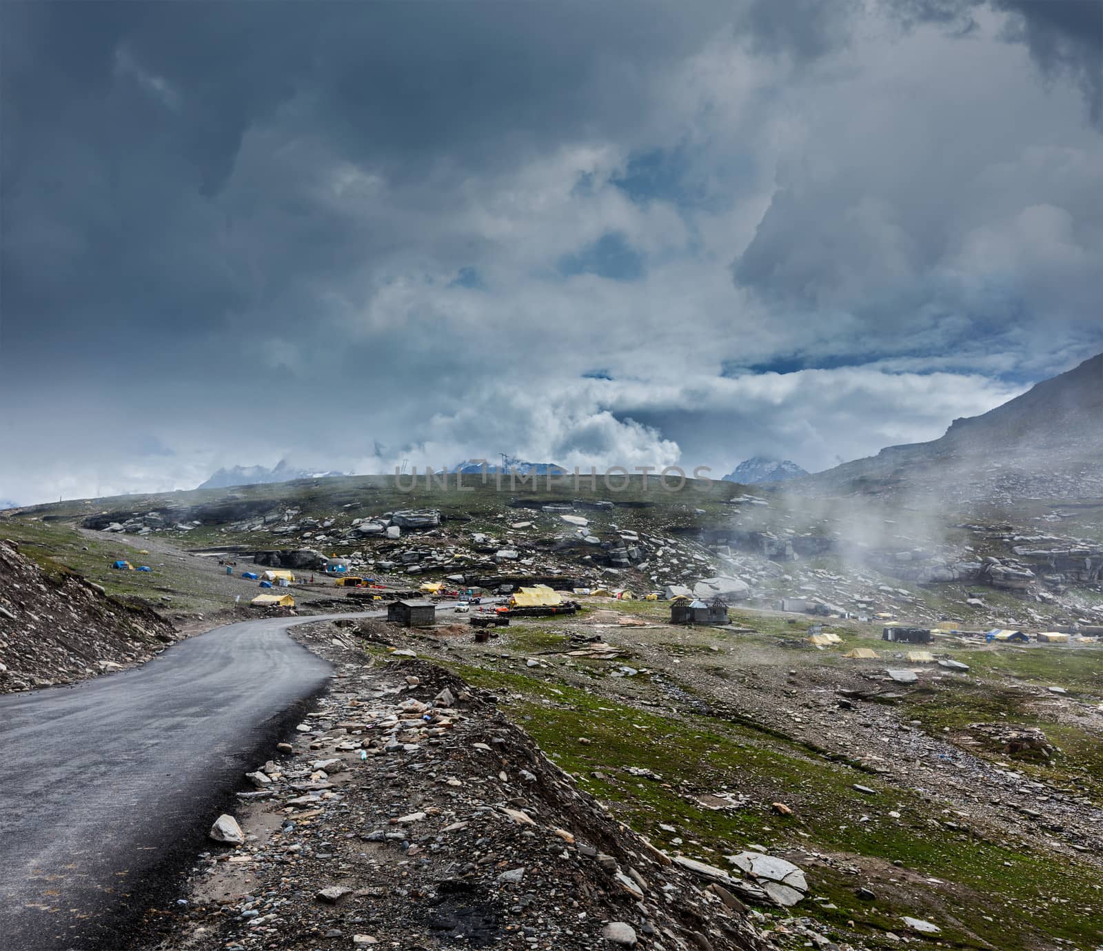 Road in Himalayas on top of  Rohtang La pass, Himachal Pradesh, India