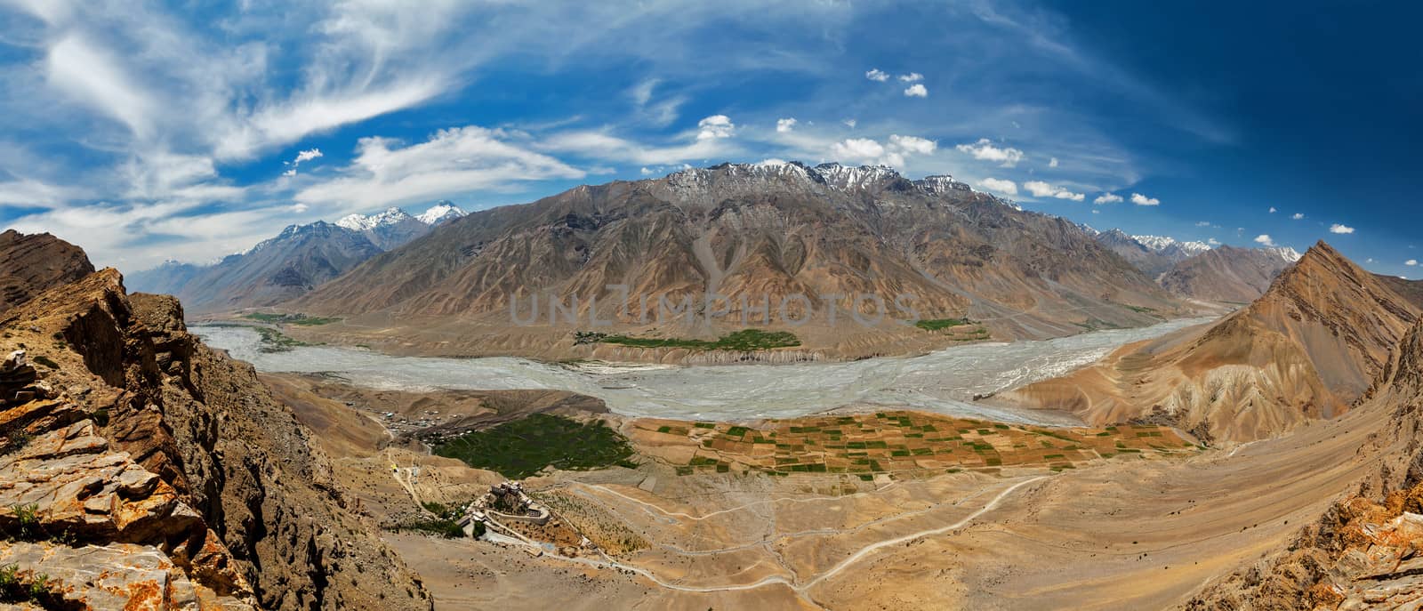 Aerial panorama of Spiti valley and Key gompa in Himalayas by dimol