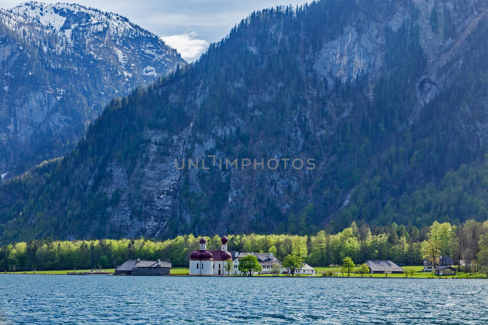 Koningsee lake and St. Bartholomew's Church in Bavarian Alps, Berchtesgaden, Bavaria, Germany