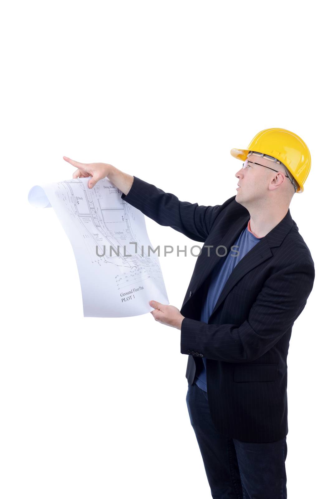 engineer or architect with plans gesturing all good with thumbs up isolated on white background