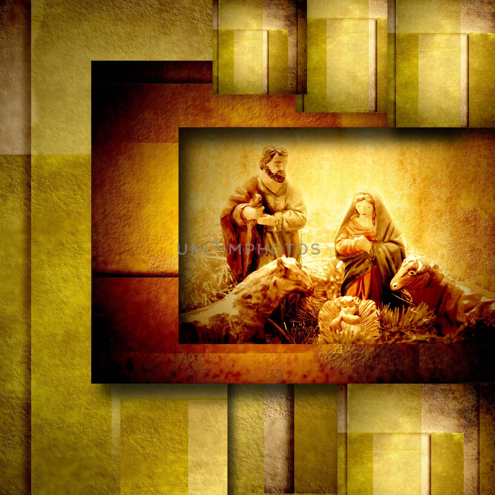 Religious Christmas Cards Nativiy Scene in golden geometric background