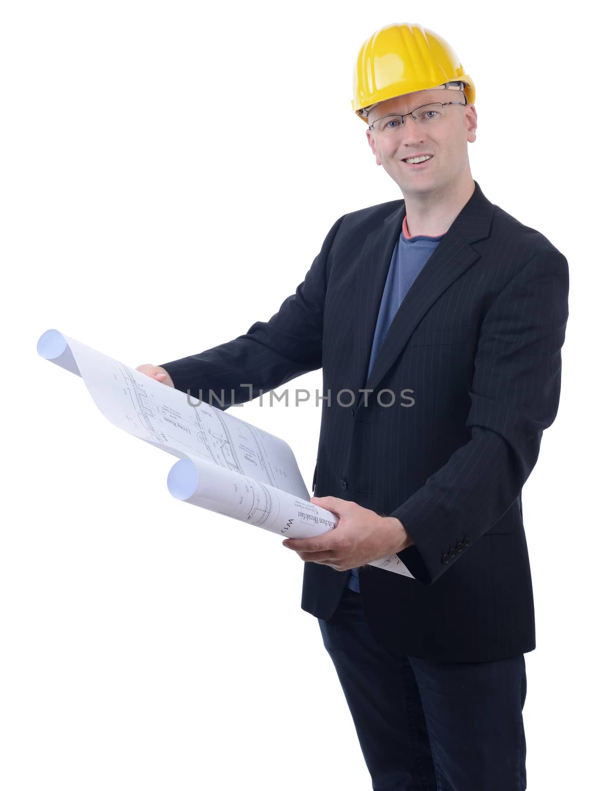 engineer or architect with plans isolated on white background