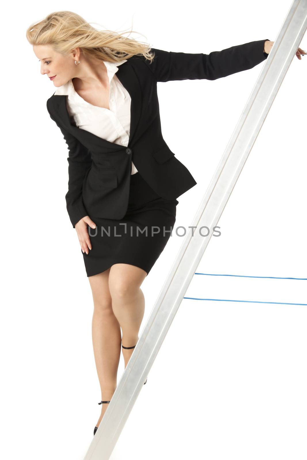 business woman on a ladder on white