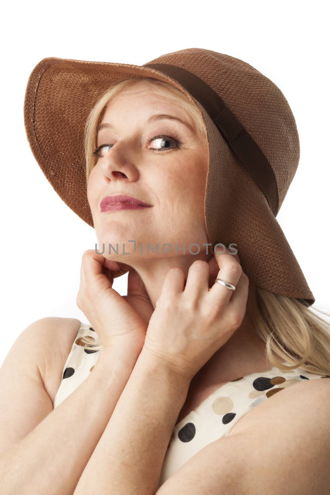 happy woman in a summer dress with hat