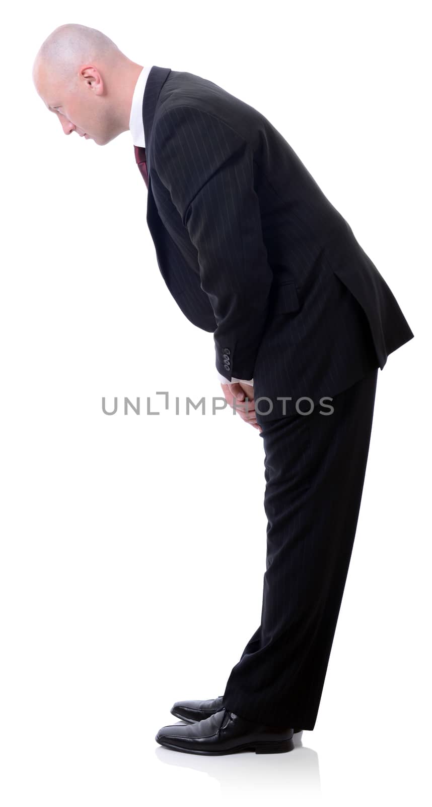 western businessman bowing Asian culture isolated on white