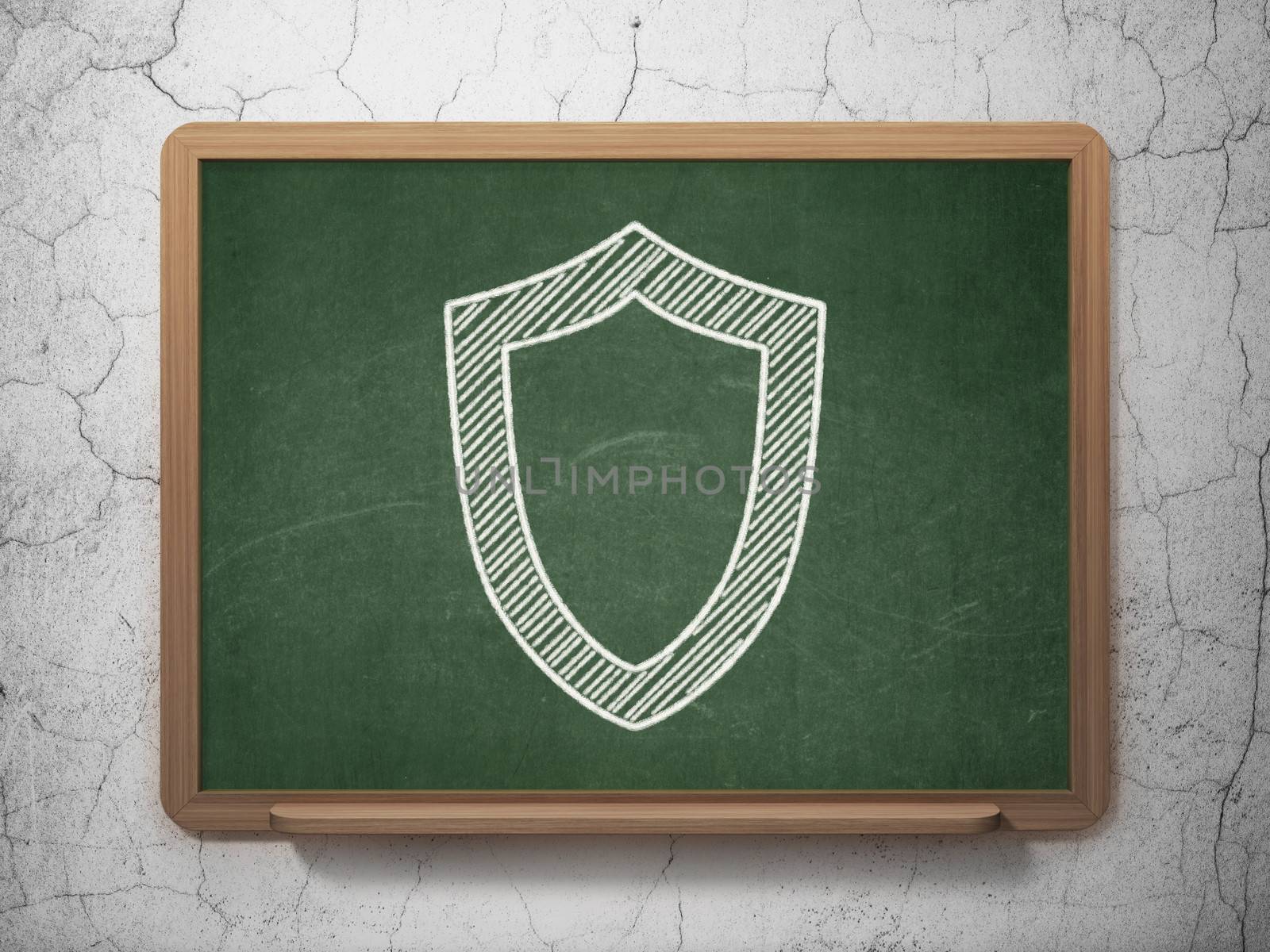 Protection concept: Contoured Shield icon on Green chalkboard on grunge wall background, 3d render