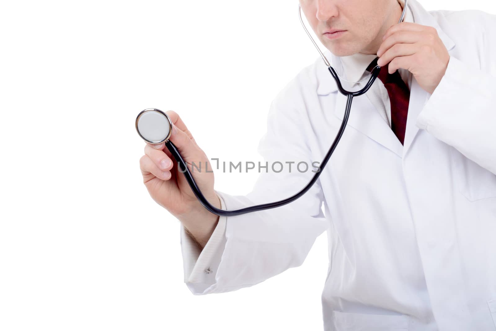 Doctor using stethoscope isolated on white background